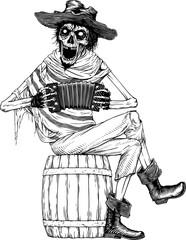 Black and white vector illustration of skeleton playing harmonic