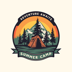 Camping adventure badge, camping tent and pine trees