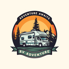 RV camper van adventure colorful badge design