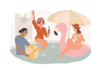 Pool party isolated concept vector illustration. Dance swim drink, entertaining outdoor activities, party in swimming pool, flamingo inflatable circle, girls in bikini, vacation vector concept.