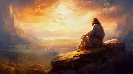 Obraz premium Jesus Christ. Prayer on the mountain. Painting illustration, generative ai.