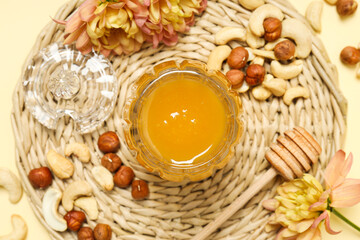 Concept of tasty and sweet food - honey with nuts