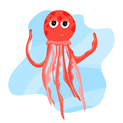 Marine life, jellyfish, swims underwater, sea season, sea, beach, ocean. Cute red jellyfish in cartoon style on a marine background.