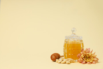 Concept of tasty and sweet food - honey with nuts