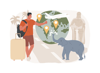Traveling the world isolated concept vector illustration. Worldwide adventure, holiday trip, hitchhiking, travel blog, luggage bag, foreign country, plane departure, destination vector concept.