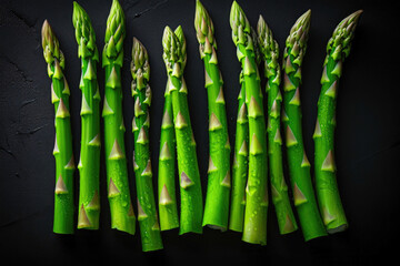 Asparagus Spears Aligned in a Row on a Dark Canvas. Generative AI.