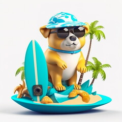 Naklejka premium The concept dog in sunglasses and a baseball cap sits on a surfboard surrounded by palm trees on a light background.Generative AI