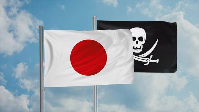 Japan flag and corsair flag waving together in the wind on blue sky, cycle looped video