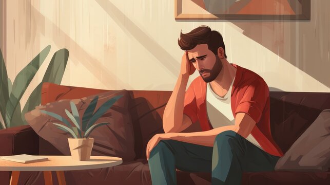 A worried man with mental health issues sat on a couch. Generative AI