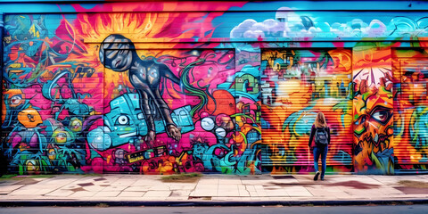 Obraz premium Street Art Scene: A vibrant urban setting with colorful graffiti murals. Generative ai.