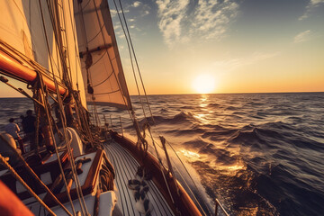 A group of adventurers sailing across a vast open sea, under a vibrant sunset sky, a mix of anticipation and freedom.