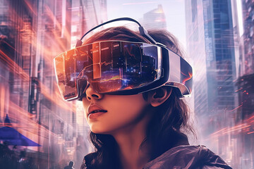 VR goggles technology concept with wearable glasses device. Virtual reality futuristic immersive experience. Generated AI.