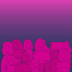 Silhouettes of crowd of people in square. Protest and strike, demonstration and revolution concept. Political protest in defense of women's rights. Vector in neon colors.