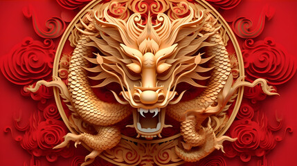 Happy Chinese new year 2024 Dragon Zodiac sign, with gold paper cut art and craft style on color background