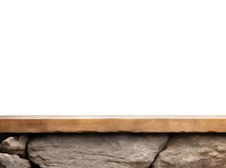 Empty top of wooden shelf on stone or rock with white wall background. For product display. High quality photo