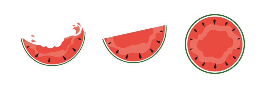 Watermelon set pattern, whole, wedge and bitten. Juicy stylized watermelon. Vector image, icon, background, cartoon style, flat image.