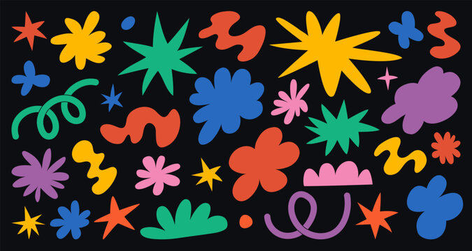 Naklejki Set of abstract retro shapes. Vector sticker pack. Collection of modern forms, funny flower, bubble, star, loop in trendy 70s, 90s groovy cartoon style.