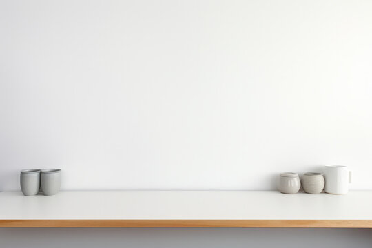 Mockup of a white wall in a room with coffee cups or mug on empty table white wood wood. High quality photo