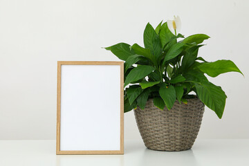A photo frame on a table with a houseplant