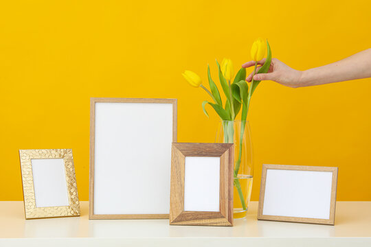 Many photo frames on the table, yellow background