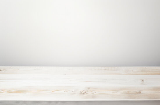 Empty white wooden table over white wall background, product display montage. High quality photo