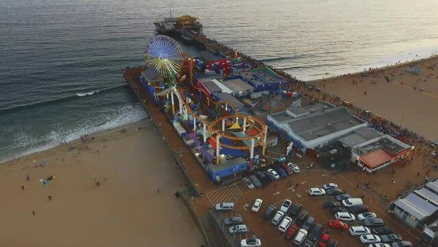 Aerial shot from the Ocean, Rides and Santa Monica Pier in California