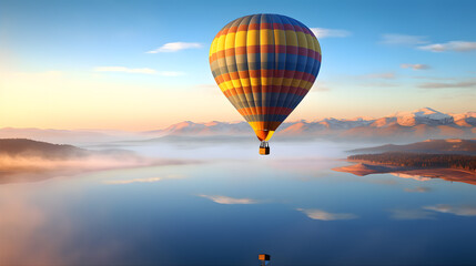 Fototapeta na wymiar A hot air balloon floating gracefully above a serene, peaceful countryside, painted in the colors of a vibrant sunrise.