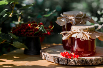 Homemade healthy jelly, red currant jam on the background of a currant bush. Preparation of cans. Sweets. Conservation and summer harvest.