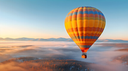 A hot air balloon floating gracefully above a serene, peaceful countryside, painted in the colors of a vibrant sunrise.