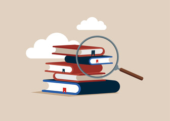 Magnifying glass and books. Education, reading, knowledge and search concept. Read to Know. Flat vector illustration