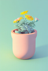 Beautiful pot of flowers in pastel colors in cartoon style. AI Generated