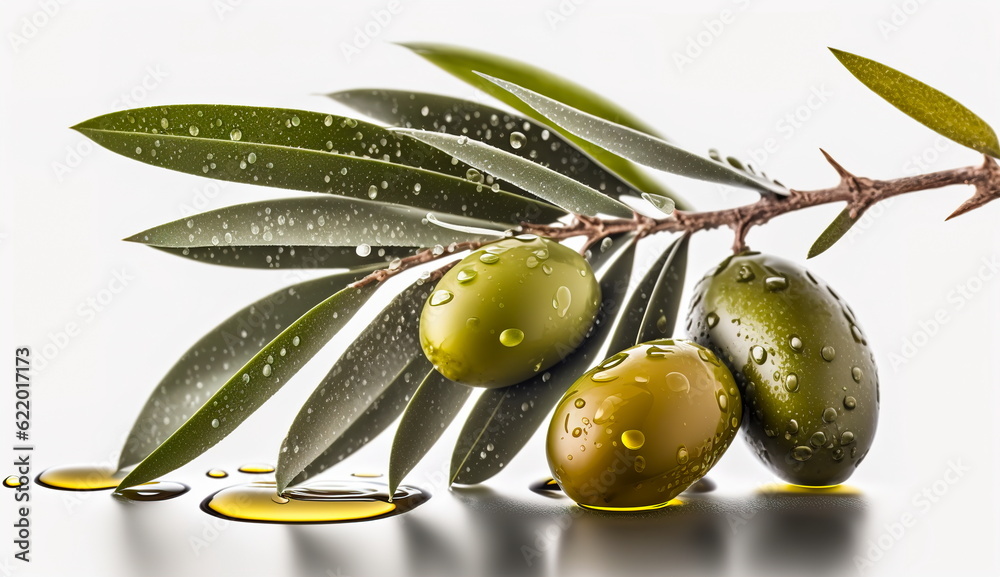 Wall mural Branch with olives and water drops on a light background.Generative AI