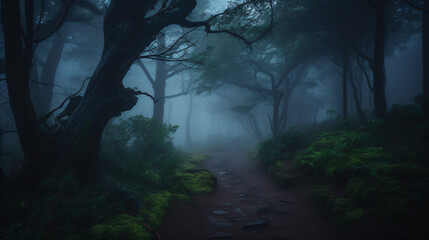 Naklejka premium A misty forest with a winding trail disappearing into the trees Generative Ai