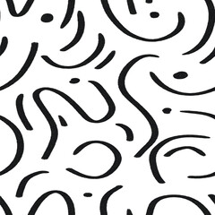Abstract wavy lines seamless pattern, chaotic doodle repeating pattern black on white