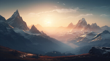 Obraz na płótnie Canvas A picturesque mountain range at sunset Generative Ai
