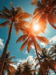 Fototapeta na wymiar Blue sky and Palm Beach In Tropical Paradise, ultimate summer poster, created with generative ai