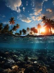 Sunset in a tropical paradise with palm trees, ultimate summer banner or poster, dream travel, created with generative ai
