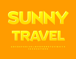 Vector touristic icon Sunny Travel. Yellow glossy Font. Creative Alphabet letters, Numbers and Symbols set