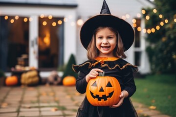 Little girl in witch costume holding Jack-o-Lantern Pumpkins on Halloween trick or treat  - obrazy, fototapety, plakaty