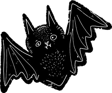 Bat, cartoon. Black hand drawn linocut style, grunge rough old texture. Element for design. Halloween design.