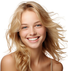 Portrait of a beautiful smiling blond young woman isolated on white background as transparent PNG, fictional human - obrazy, fototapety, plakaty