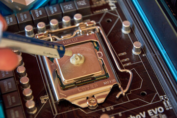 applying thermal paste to the central processor of the motherboard close up