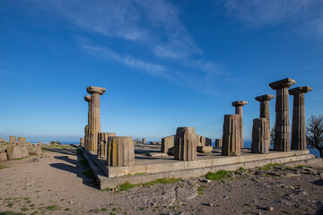 The Temple of Athena ruin in Assos Ancient City. Panoramic view Drone shots. Canakkale, Turkey.