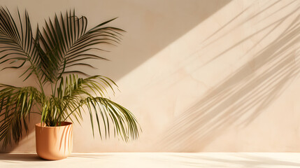 Wooden table mockup on stucco background with shadows on the wall and palm tree