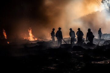 Fototapeta na wymiar Dark Silhouette of Firefighters and a Fire Truck in Front of a Gigantic Burning Forest Fire, Confronting a Wall of Flames and Smoke, with Courageous Efforts to Extinguish the Fire, global warming