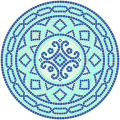Mosaic circular geometric ornament in blue and cyan colors. For ceramics, tiles, ornaments, backgrounds and other projects.