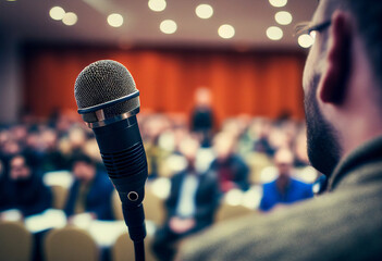 Speaker's speech at a business conference. AI Generated