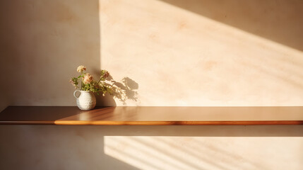 vase on wooden table and beige wall with shadow