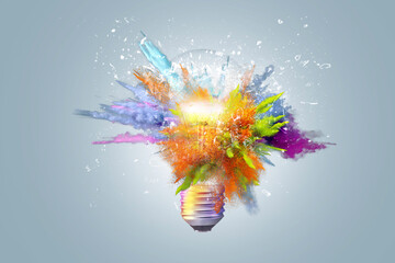 Creative concept light bulb explodes with colorful water colors on a light blue background. Think different, creative idea. Productivity and creativity - obrazy, fototapety, plakaty