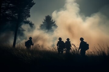 Fototapeta na wymiar Dark Silhouette of Firefighters and a Fire Truck in Front of a Gigantic Burning Forest Fire, Confronting a Wall of Flames and Smoke, with Courageous Efforts to Extinguish the Fire, global warming